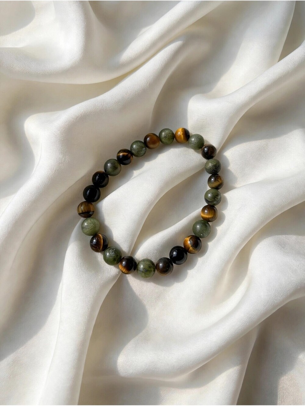 Green Tiger Eye Black Beaded Stretch Bracelet 8mm Earth Tone